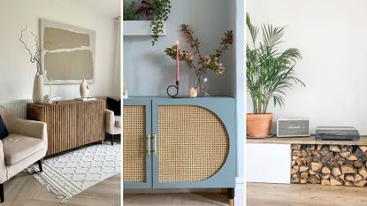 Compilation of three of the best IKEA Besta hacks including sideboard with log storage, cane fronted cabinet and fluted cabinet