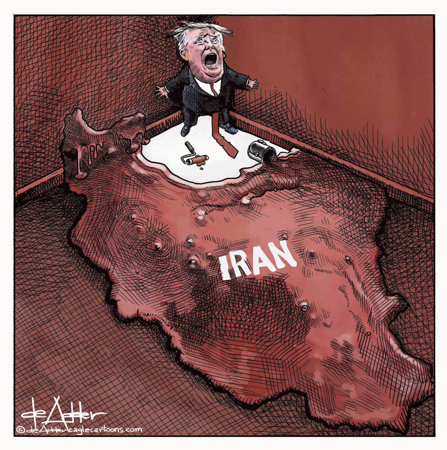 Donald Trump screams after he has painted himself into a corner of a room in this cartoon. The room is painted blood red and is labeled &amp;ldquo;IRAN&amp;rdquo;.