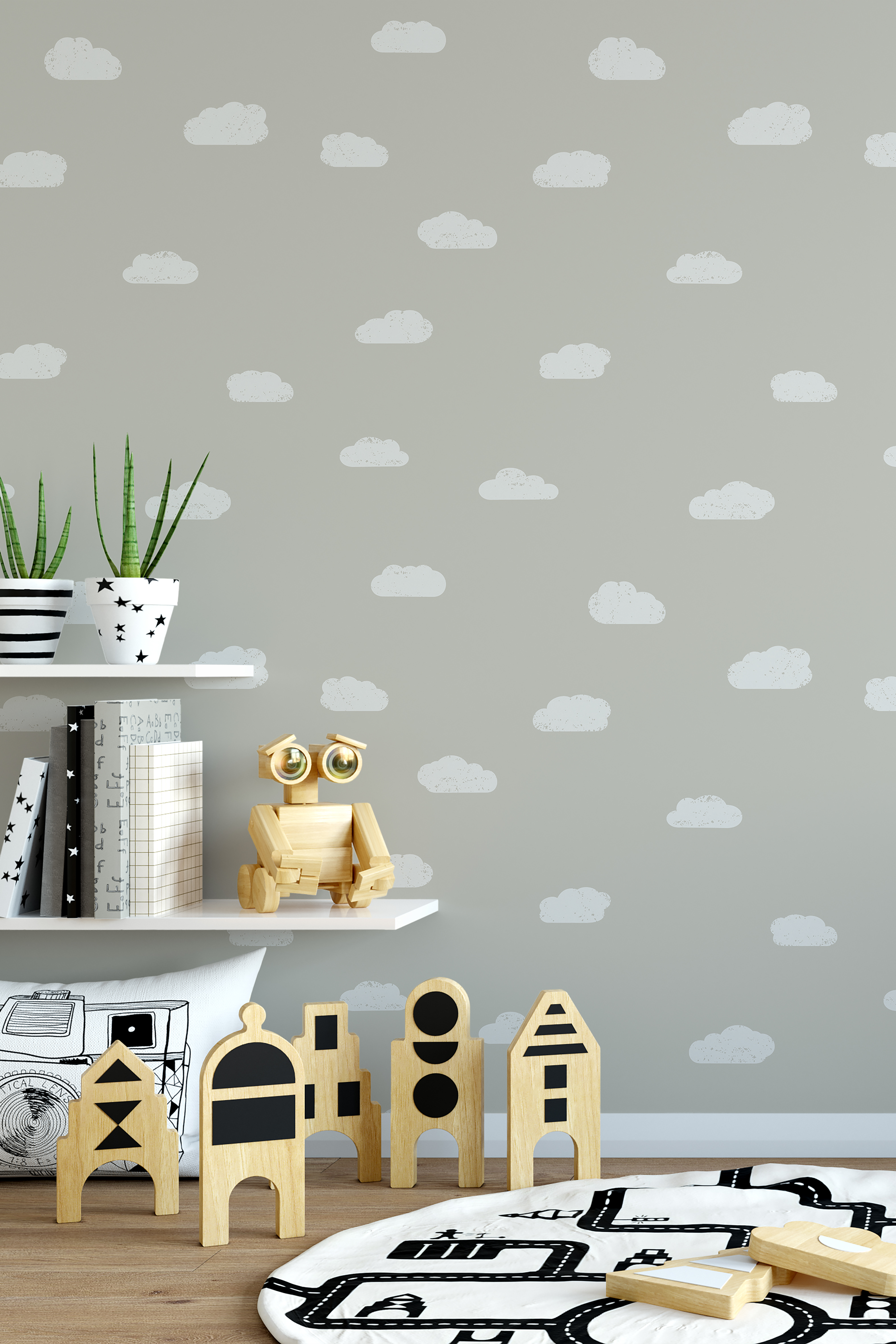 Cloud motif grey and white wallpaper in kids bedroom by Karlie Klum at Lime Lace