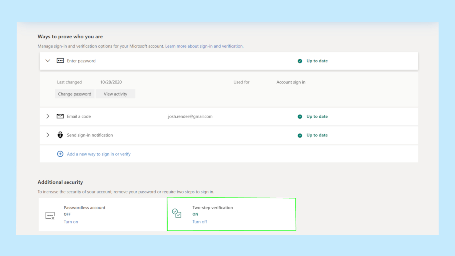 Microsoft account Advance security menu options