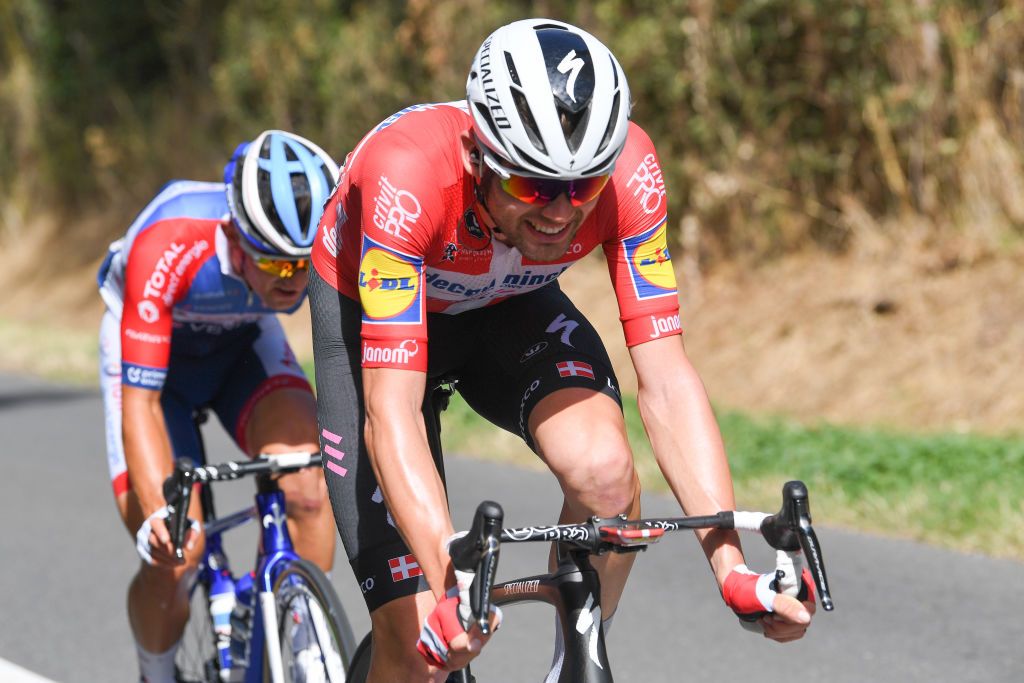 SARRAN CORRZE FRANCE SEPTEMBER 10 Kasper Asgreen of Denmark and Team Deceuninck QuickStep Mathieu Burgaudeau of France and Team Total Direct Energie Breakaway during the 107th Tour de France 2020 Stage 12 a 218km stage from Chauvigny to Sarran Corrze 658m TDF2020 LeTour on September 10 2020 in Sarran Corrze France Photo by Tim de WaeleGetty Images