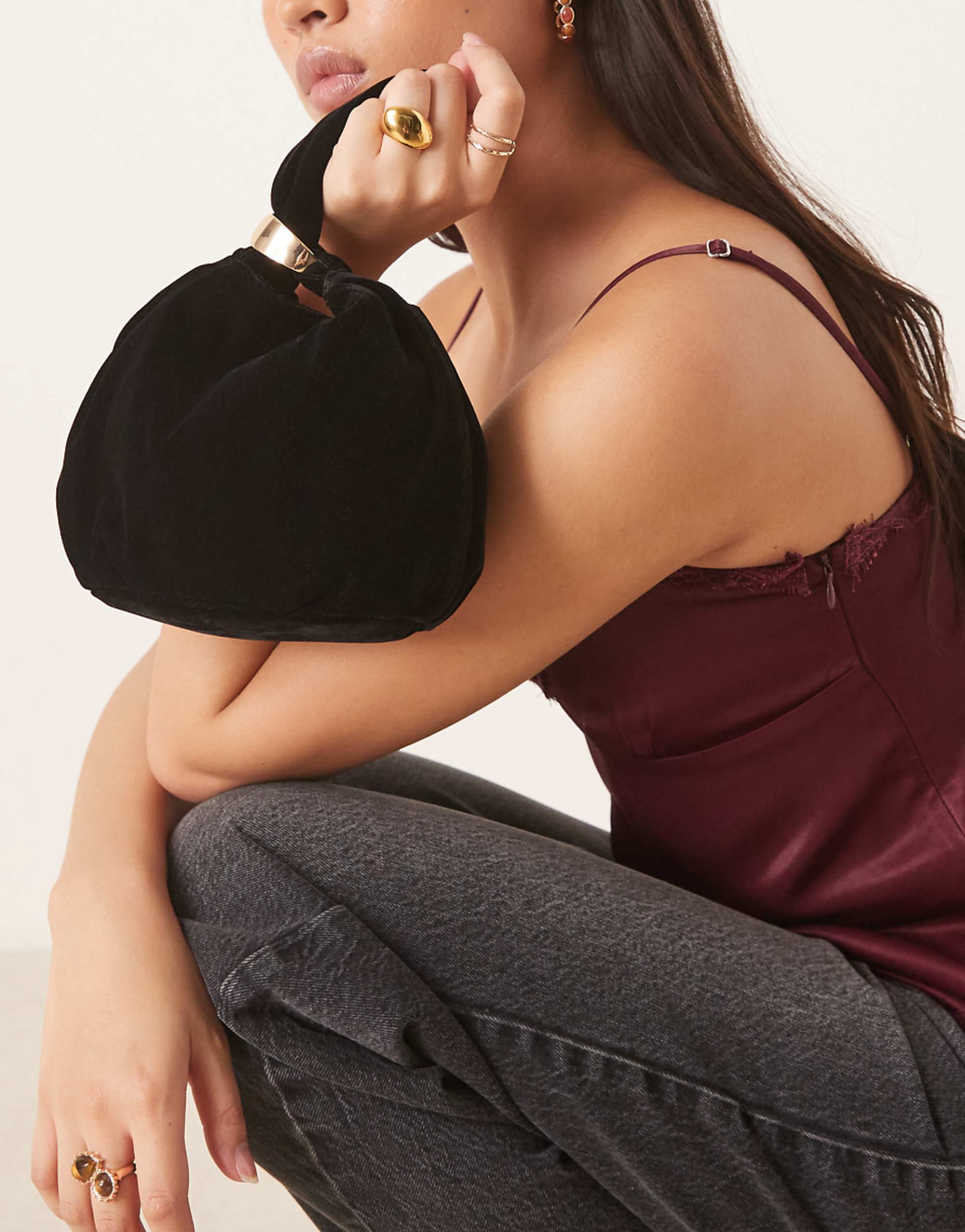 Mango Velvet Pouch Bag With Gold Accent in Black