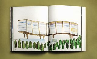 Water colour image in book of building container and trees