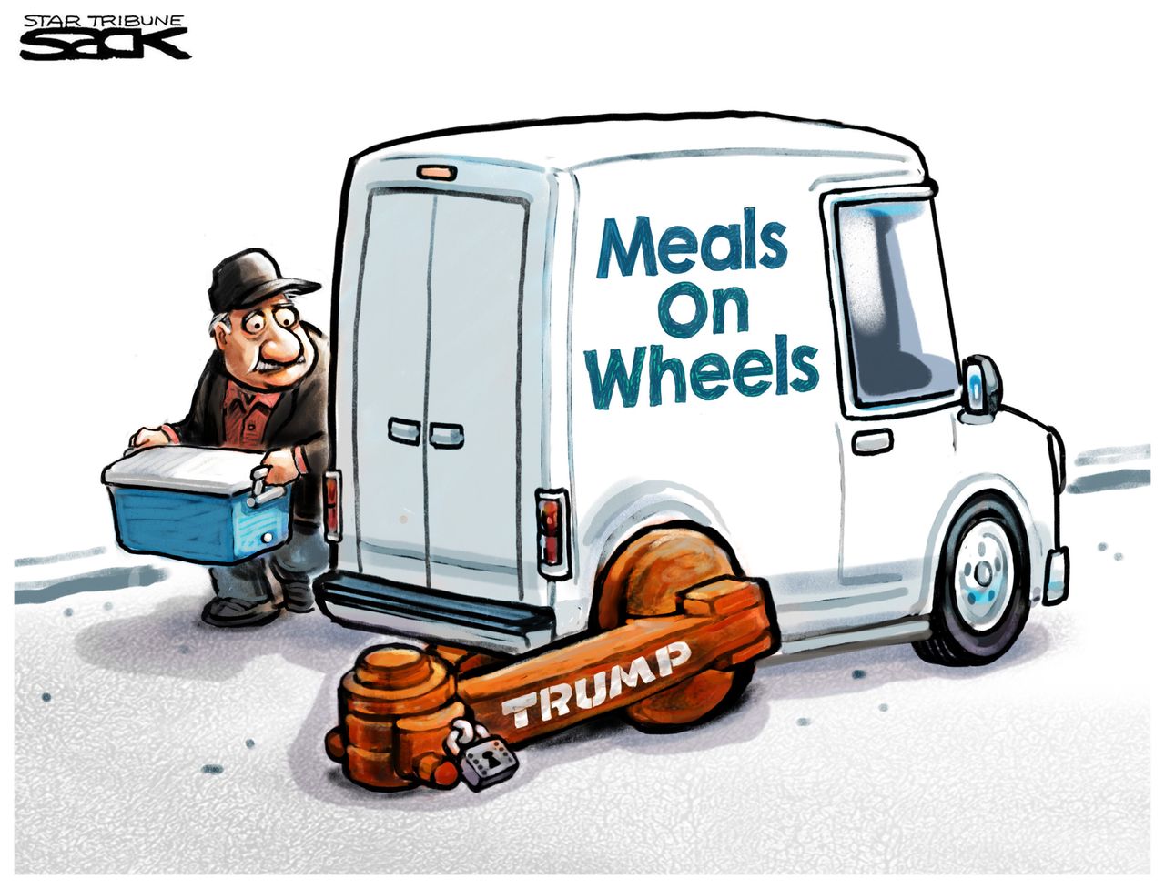 Political Cartoon U.S. President Trump stops Meals on Wheels budget cuts