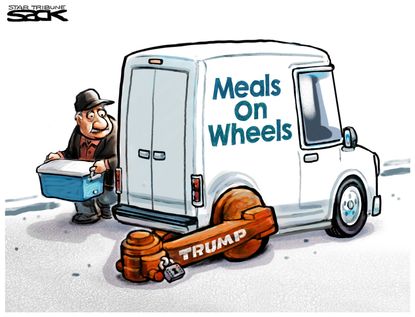 Political Cartoon U.S. President Trump stops Meals on Wheels budget cuts