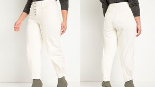white jeans with button front from Eloquii, jeans for curvy women