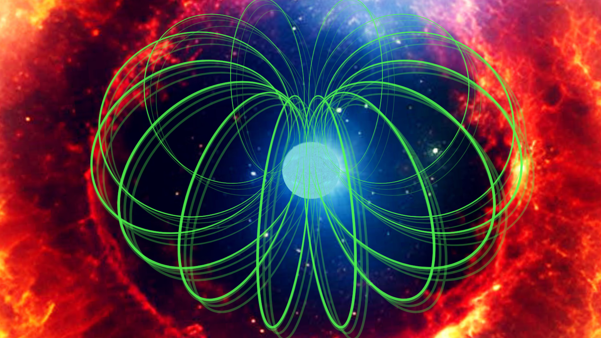 Una esfera azul brillante con líneas curvas que se encuentran en los polos de la esfera rodeada por un anillo de fuego naranja.