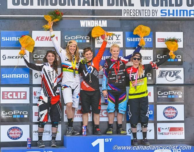 Emmeline Ragot atop the World Cup podium in Windham, New York