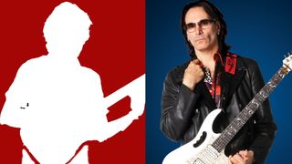 Steve Vai (right) with an image of Allan Holdsworth (left). Holdsworth has been outline-cut from the photo and question marks have been placed across the background to leave readers guessing who is depicted in the image