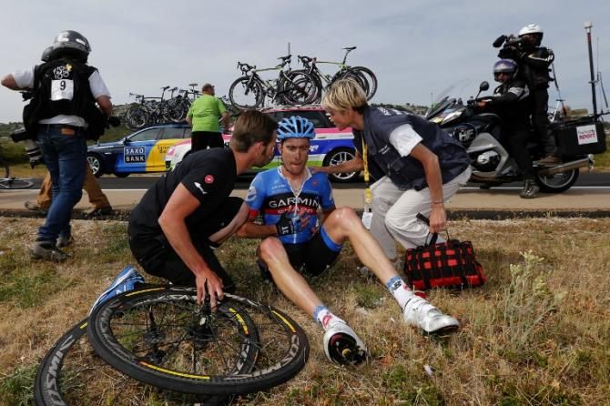 Christian Vande Velde (Garmin Sharp) on the ground after a crash.