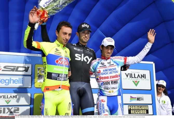 The stage four podium with Dario Cataldo (Sky) centre