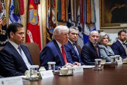 Marco Rubio, US secretary of state, US President Donald Trump, Pete Hegseth, US secretary of defense, Howard Lutnick, US commerce secretary, Susie Wiles, White House chief of staff, and Markwayne Mullin, secretary of the US Department of Homeland Security during a cabinet meeting at the White House