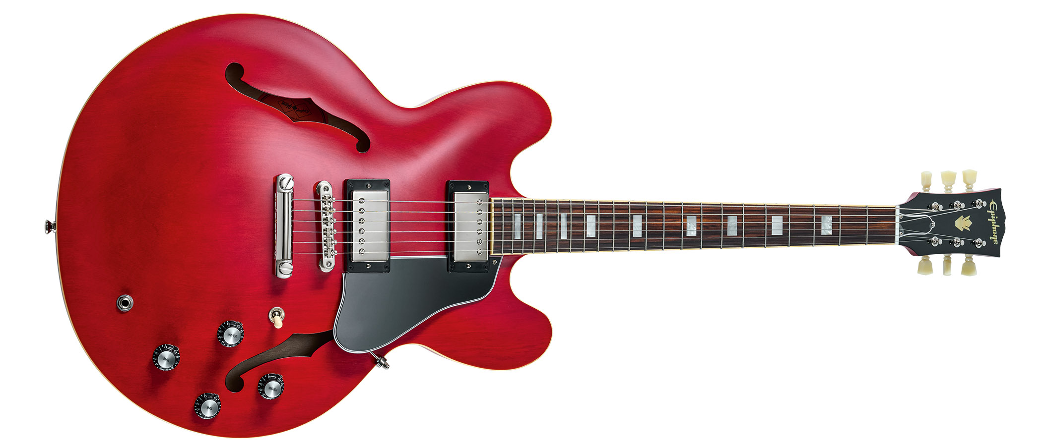 Epiphone Inspired By Gibson Custom 1962 ES-335 Reissue: the handsome semi-hollow electric is finished in Sixties Cherry and is photographed against various backgrounds.
