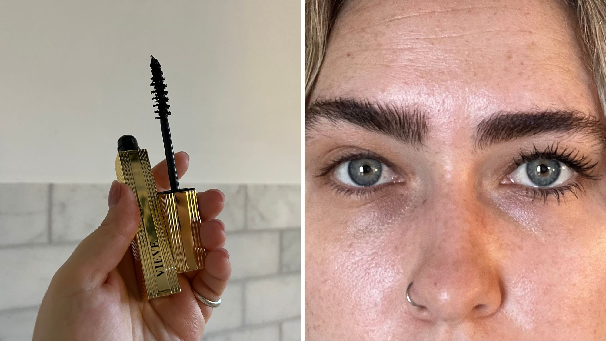 vieve icon mascara tube and results on one eye