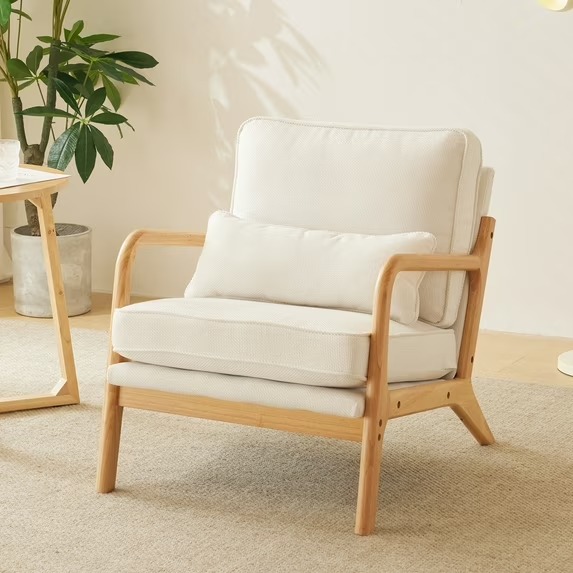 Ubesgoo Modern Arm Chair Linen Fabric Upholstered Comfy Reading Accent Chair With Solid Wood Frame Beige and Oak