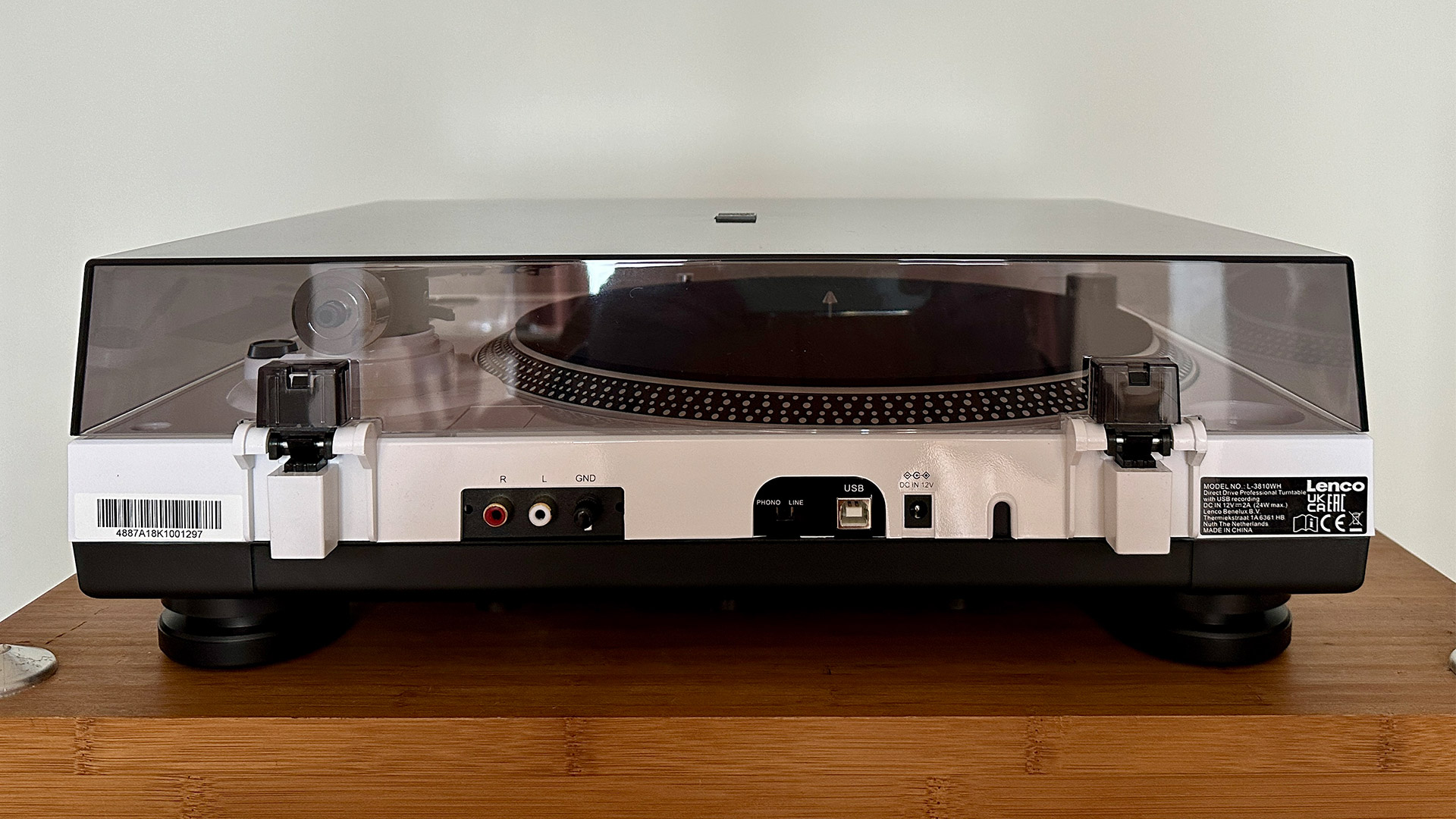 the back of the Lenco L-3810 turntable with its ports visible
