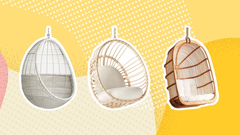 A trio of three egg chairs shopping picks on yellow graphic background