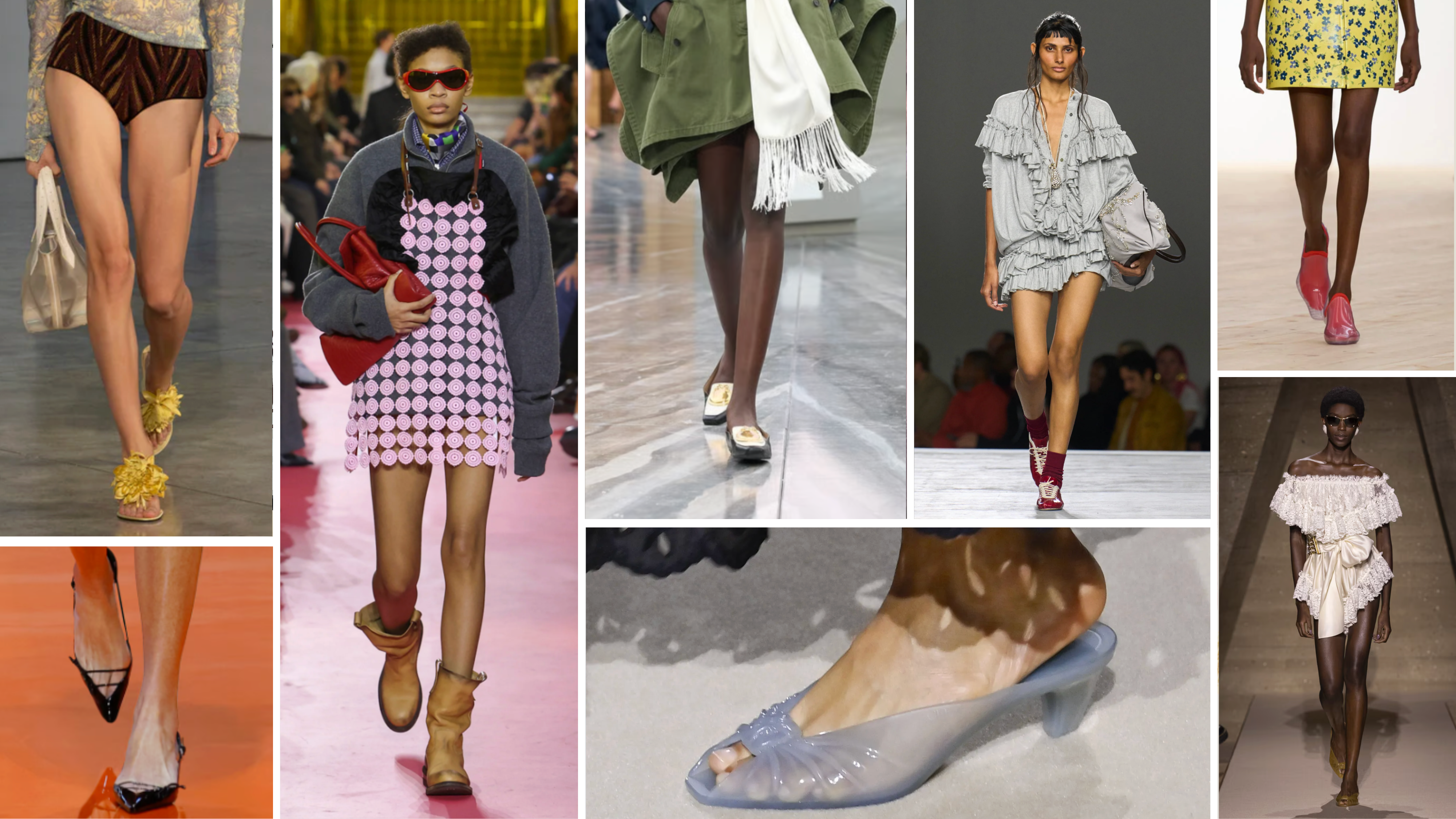 ss26 designer shoes to know now - runway shots Proenza Schouler, Miu Miu, Dior, Dries Van Noten, Chlo&eacute;, Prada, Loewe