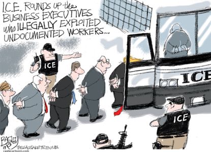 Political Cartoon U.S. ICE Rounds Up Execs Who Exploited Undocumented Workers