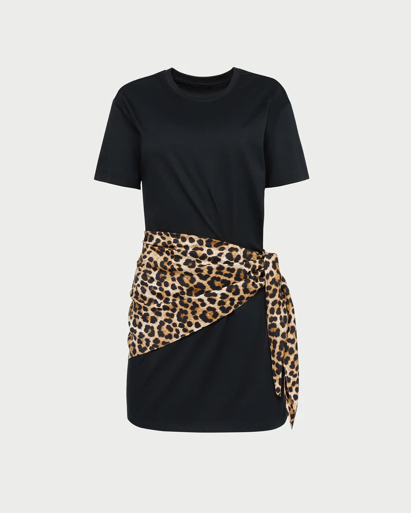 Black mini T-shirt dress with a leopard scarf.