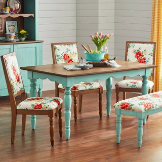 Teal dining table legs, brown wooden table top
