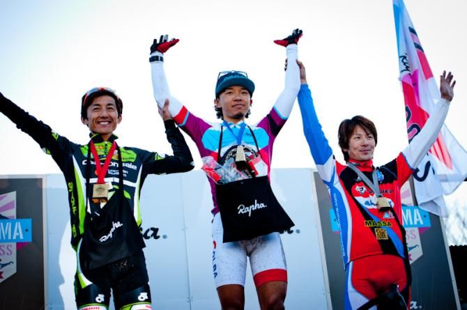 The podium of Noveyama Cyclo-cross day2, Yu Takenouchi (Colba - Superano Ham) won the race