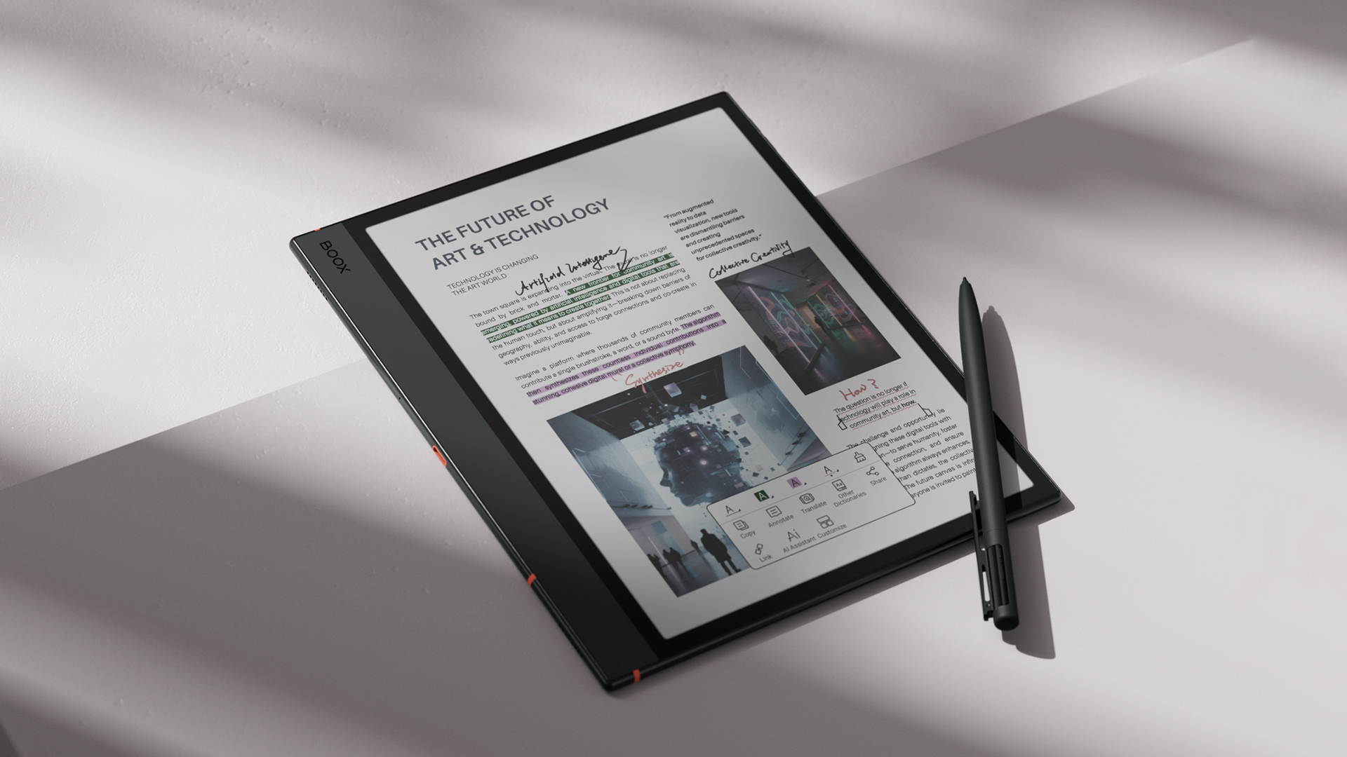 The black Onyx Boox Note Air 5 C on a white table with its stylus on top