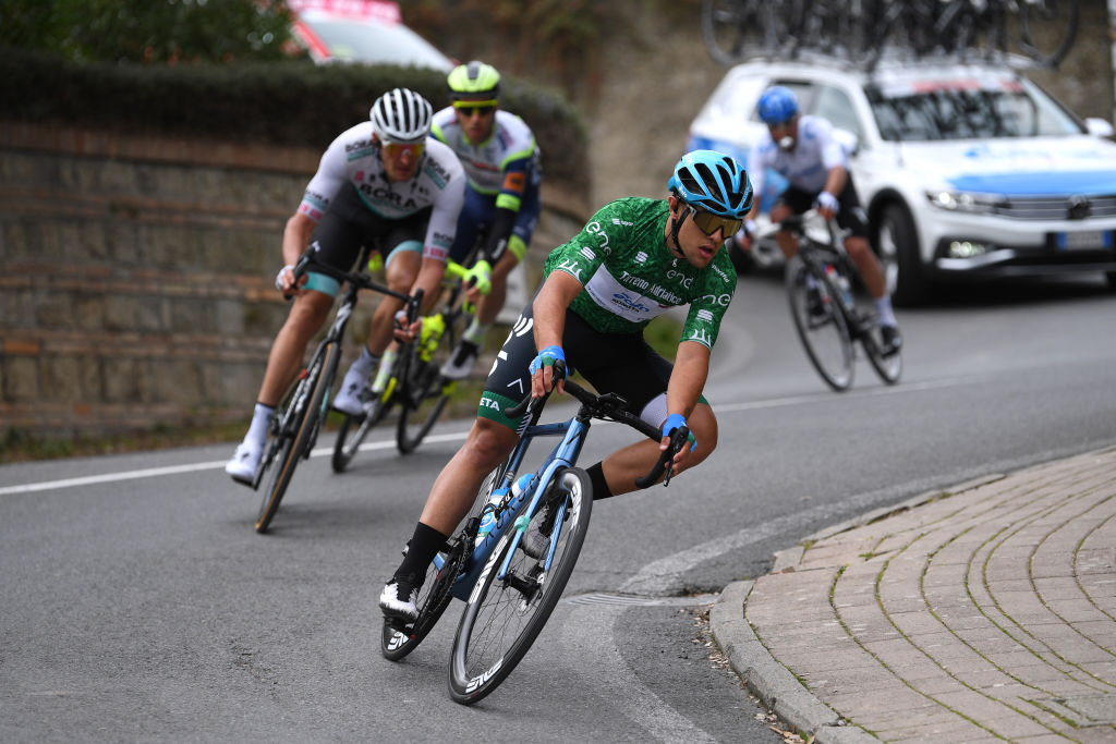 CHIUSDINO ITALY MARCH 11 Vincenzo Albanese of Italy and EoloKometa Cycling Team Green Mountain Jersey during the 56th TirrenoAdriatico 2021 Stage 2 a 202km stage from Camaiore to Chiusdino 522m Breakaway TirrenoAdriatico on March 11 2021 in Chiusdino Italy Photo by Tim de WaeleGetty Images