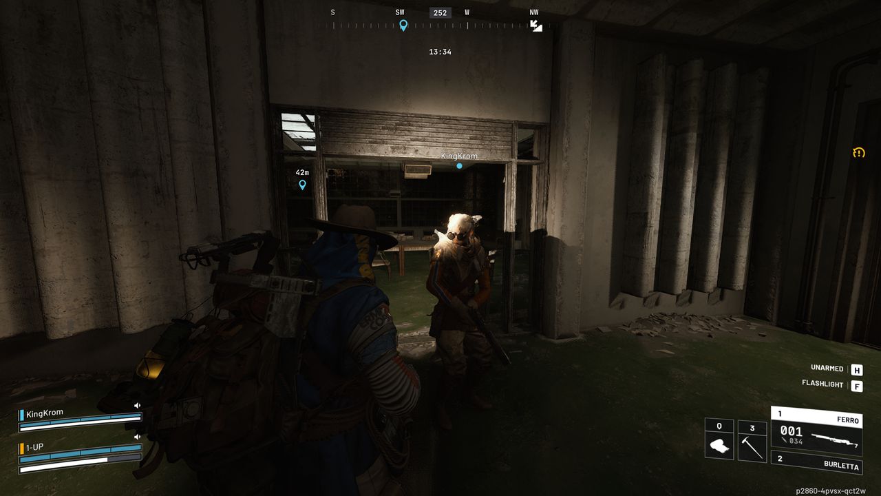 Arc Raiders Greasing Her Palms: Two players stood outside a meeting room in a dark hallway on Buried City, using flashlights.