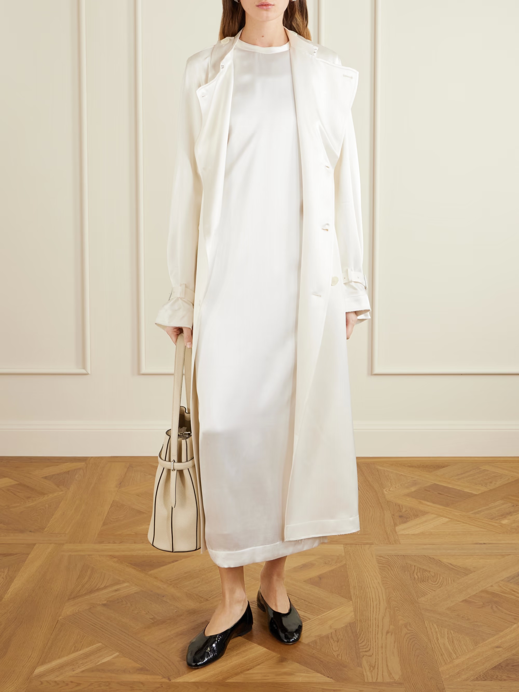 Toteme, Double-breasted draped satin trench coat