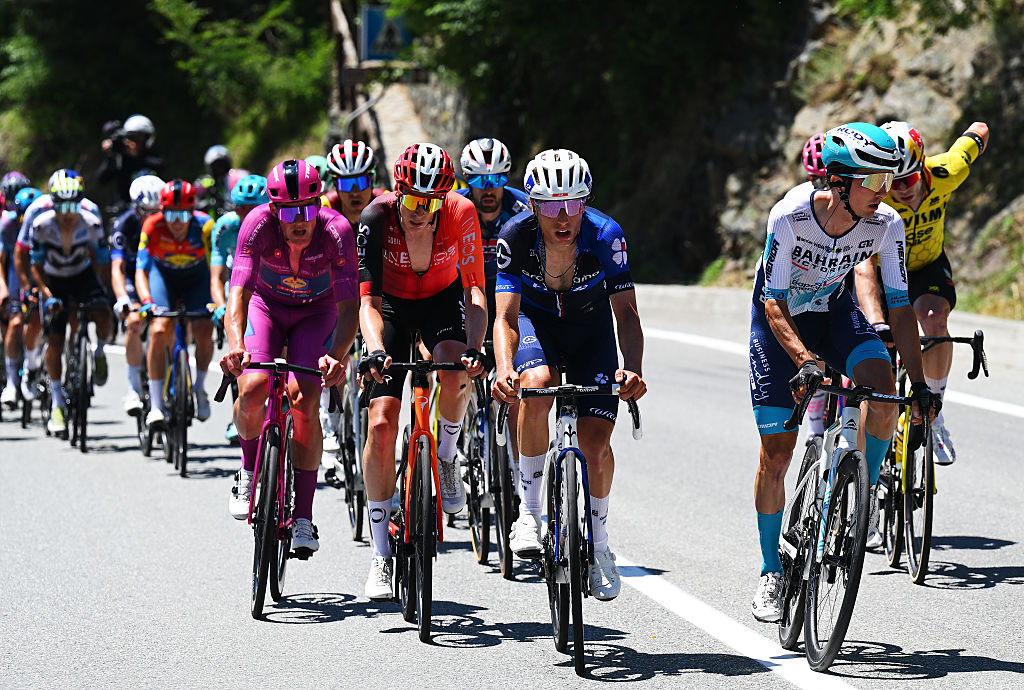 CHAMPOLUC ITALY MAY 30 LR Thymen Arensman of Netherlands and Team INEOS Grenadiers Lorenzo Germani of Italy and Team Groupama FDJ and Pello Bilbao of Spain and Team Bahrain Victorious compete in the breakaway during the 108th Giro dItalia 2025 Stage 19 a 166km stage from Biella to Champoluc 1574m UCIWT on May 30 2025 in Champoluc Italy Photo by Tim de WaeleGetty Images