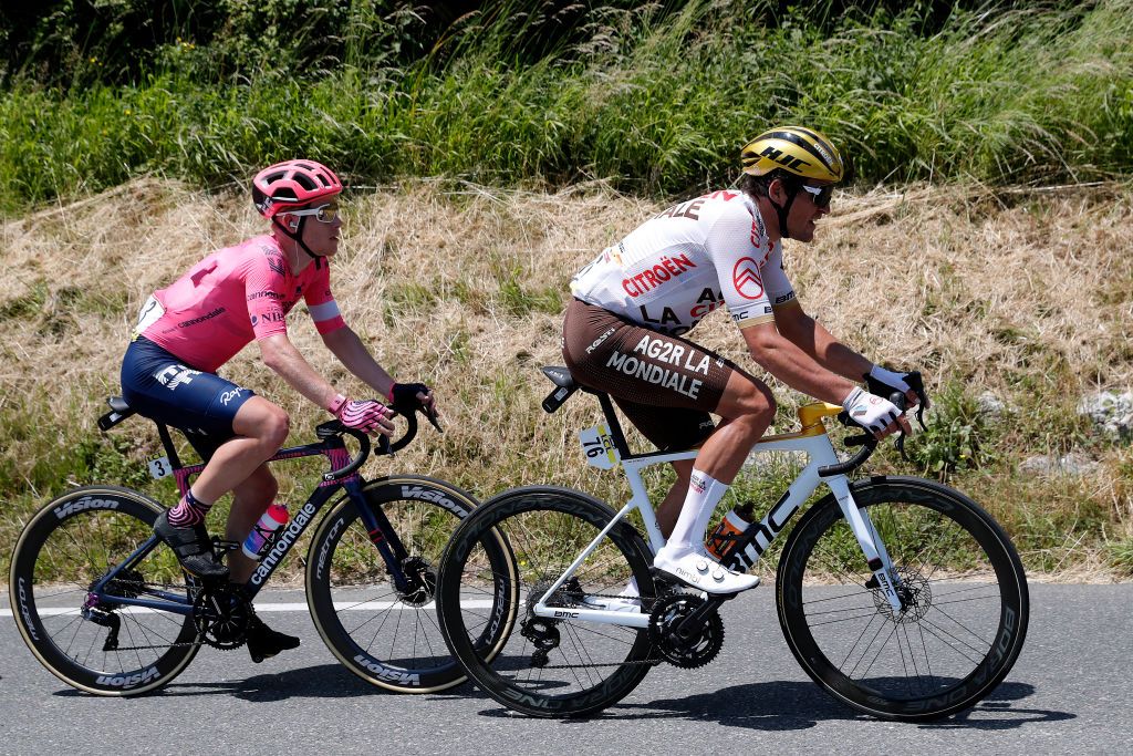 LE SAPPEYENCHARTREUSE FRANCE JUNE 04 Lawson Craddock of United States and Team EF Education Nippo Greg Van Avermaet of Belgium and AG2R Citren Team in breakaway during the 73rd Critrium du Dauphin 2021 Stage 6 a 1672km stage from LoriolsurDrome to Le SappeyenChartreuse 1003m UCIworldtour Dauphin dauphine on June 04 2021 in Le SappeyenChartreuse France Photo by Bas CzerwinskiGetty Images
