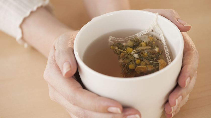 Woman&#039;s hands holding a mug of chamomile tea