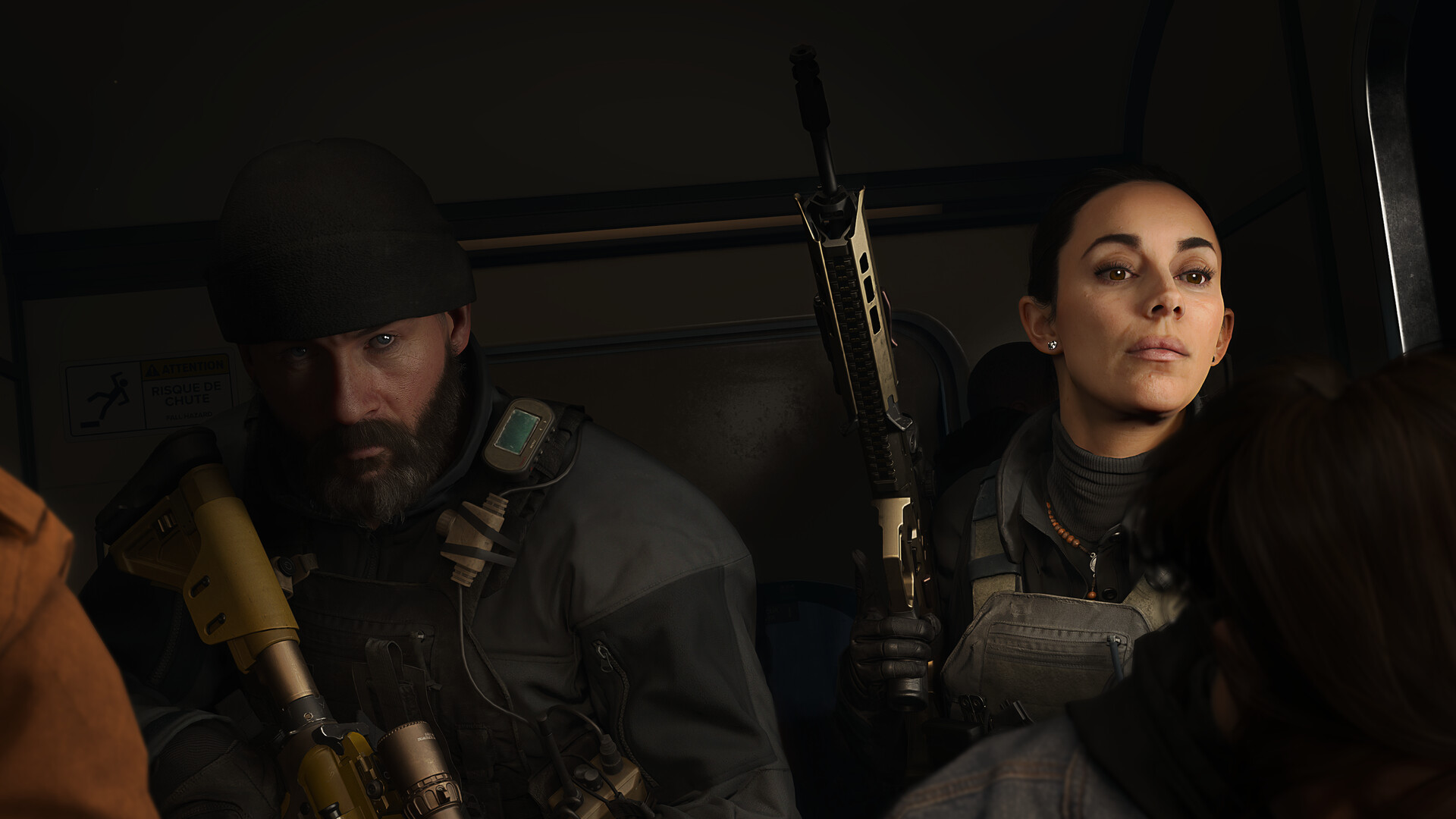 John Price and Valeria Garza sit next to one another in a helicopter in Call of Duty Modern Warfare 4