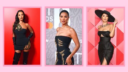 Maya Jama red carpet looks: Three pictures of Maya Jama on the red carpet wearing a range of black dresses/ in a pink template