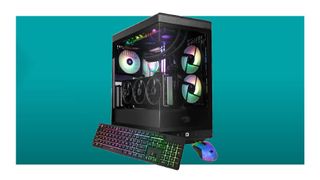iBuyPower Y40 Pro gaming PC with keyboard and mouse on a blue background