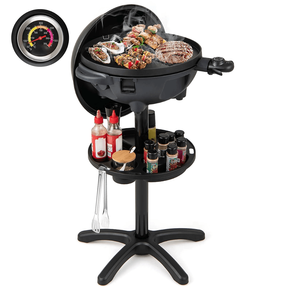 Costway Electric BBQ with various foods grilling and sauces on a plate underneath the grill