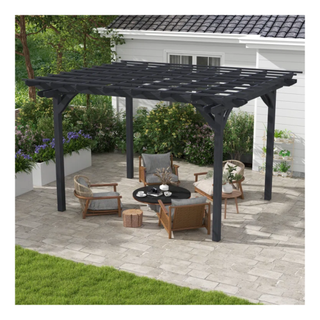 A solid wood pergola with a gray finish