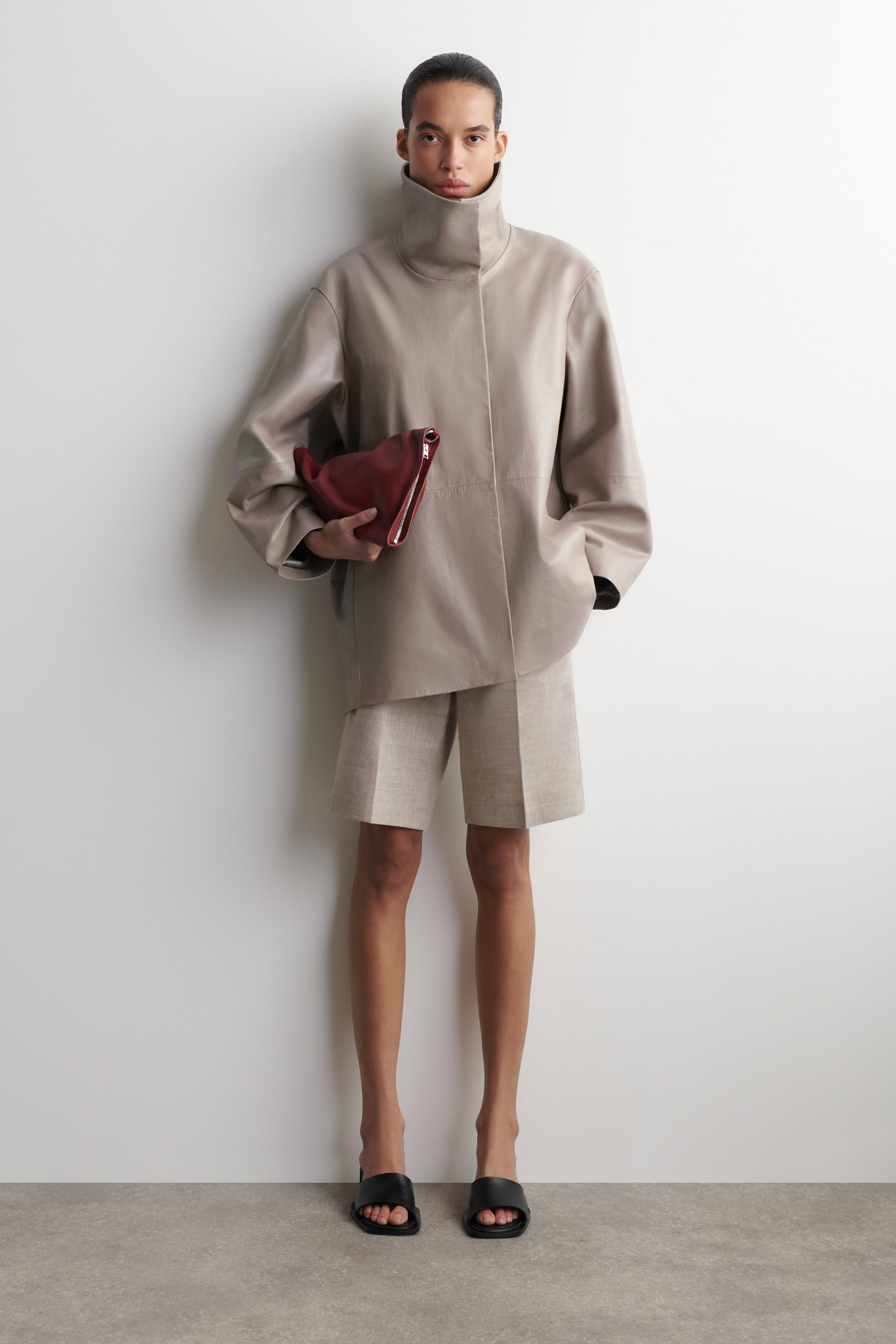 Oversized Leather Mock-Neck Bomber Jacket