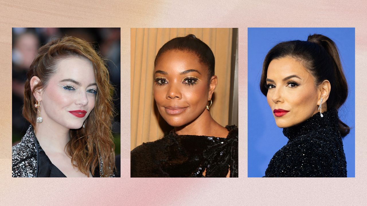 Collage of three images of (left to right) Emma Stone, Gabrielle Union and Eva Longoria, set against a pink and cream watercolour-style background