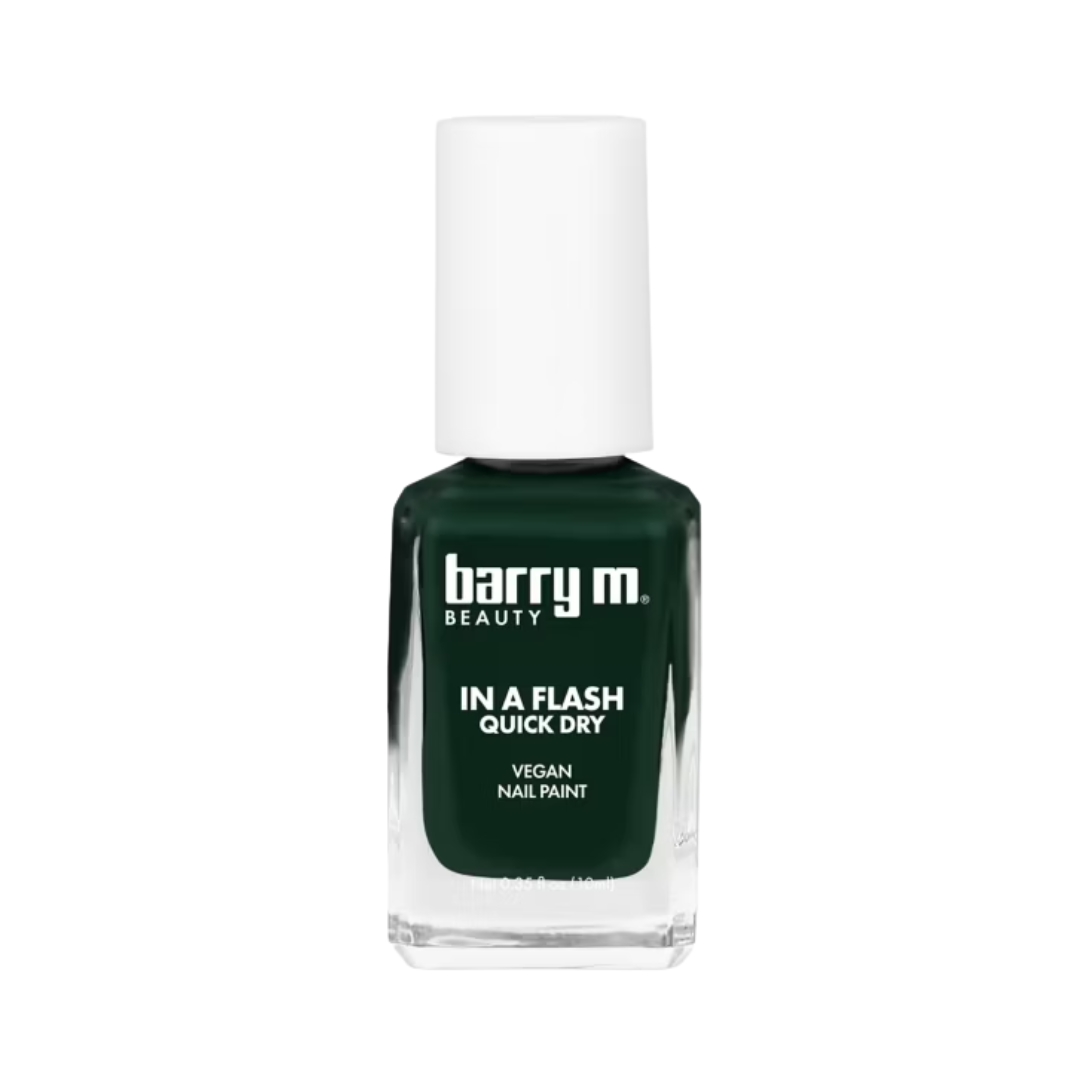 A product shot of the Barry M In A Flash Quick Dry Nail Paint In shade Forest Fantasy, on a white background
