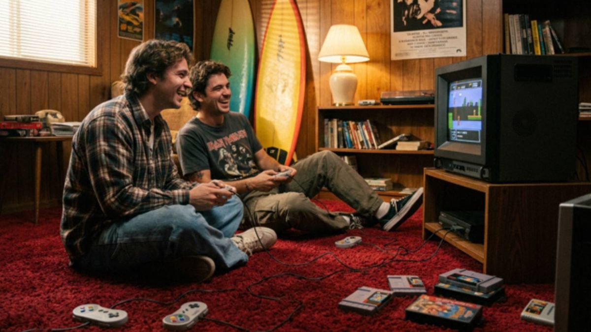 AI generated TRAVELLER ULW10 promotional image by Unico of two masc presenting players using a CRT TV to play games.