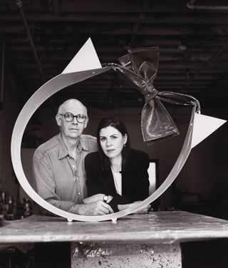 Claes Oldenburg and Coosje van Bruggen in their studio with Standing Collar with Bow Tie 1992.