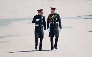 Prince Harry and Prince William walking to wedding of Prince Harry and Duchess Meghan