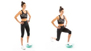 A woman demonstrates how to do a reverse lunge balance board exercise