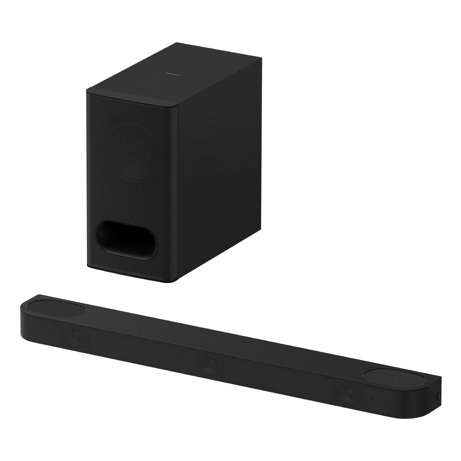 A black Sony Bravia Theatre Bar 6 and wireless subwoofer on a white background