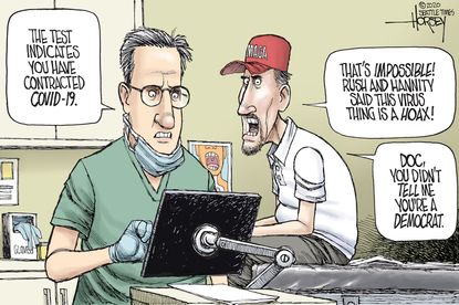 Political Cartoon U.S. Fox News Hannity Coronavirus denial testing right-wing