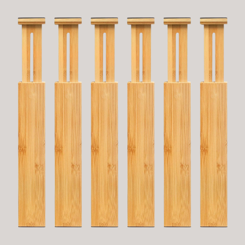 Vaefae Bamboo Drawer Dividers 6-Pack, (42.5-55.5 Cm) Adjustable Drawer Separators Spring Loaded Drawer Organiser Expandable Divider for Kitchen, Cultery, Clothes, Bathroom, Baby Drawer, Tools