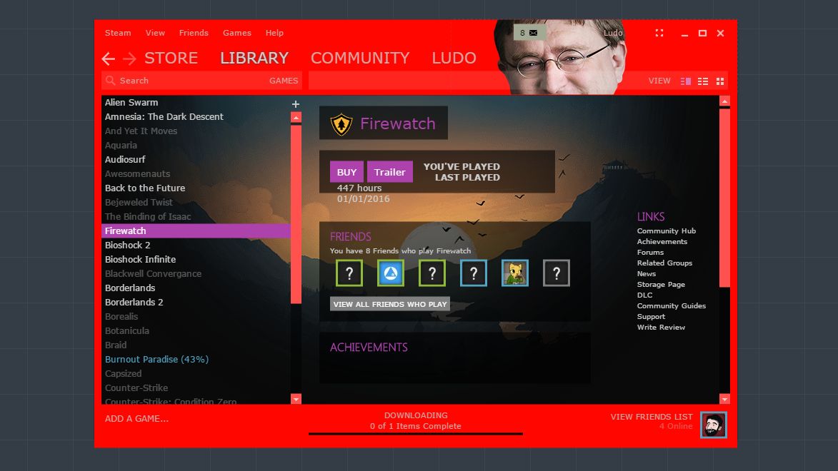 Un skin Steam personnalisé avec le visage de Gabe Newell en haut à droite du menu.