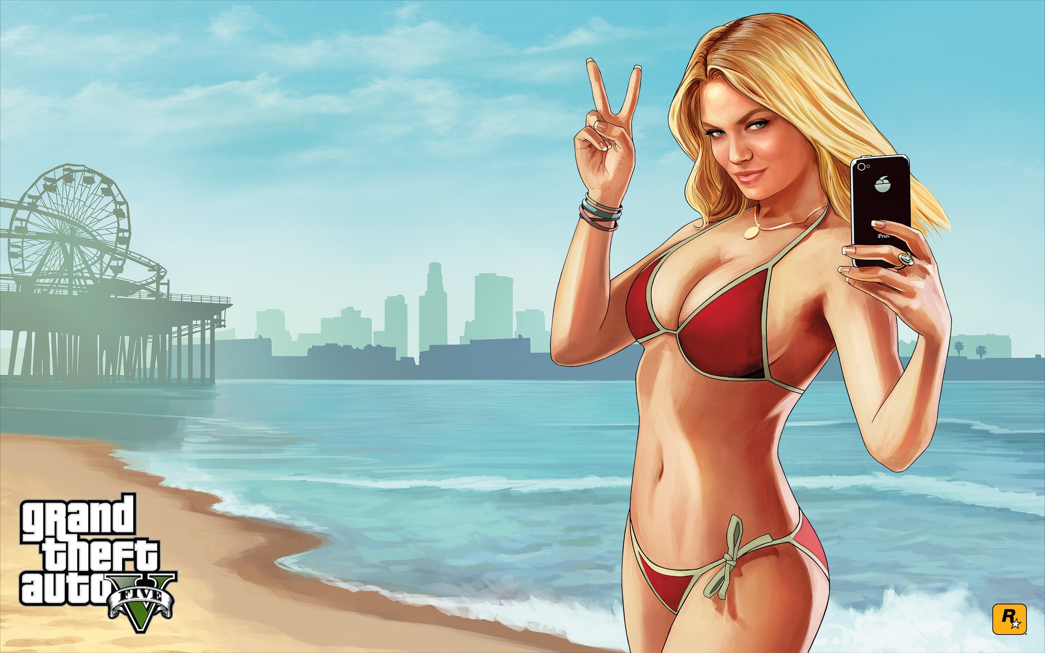 Gta V Femme blonde en bikini rouge sur la plage